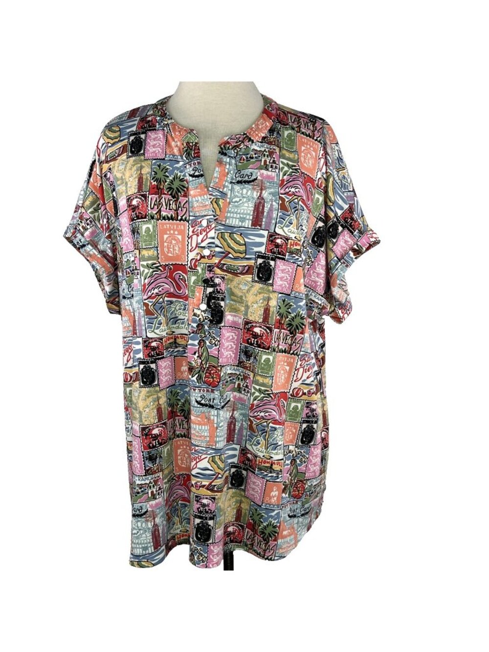 Ava & Grace Size 2X Pullover 1/2 Button Top Plus Multicolor Travel Vacation